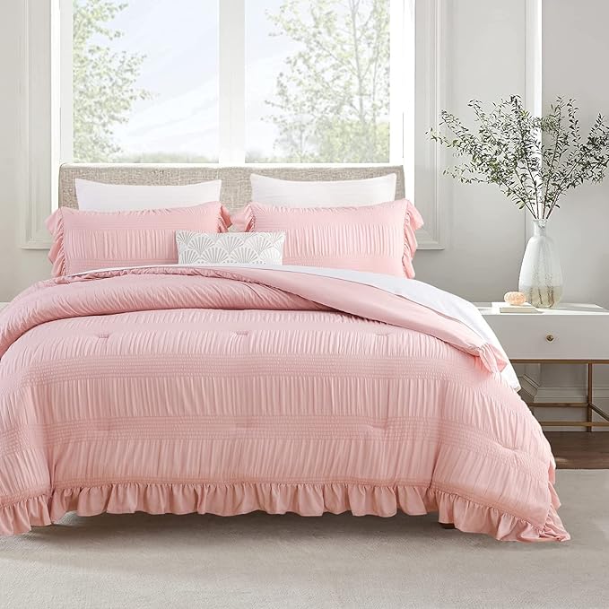 Blush Pink Comforter Set Queen Seersucker Design with Ruffled Edges, Ultra-Soft Pink Bedding Set Queen Size 3 Piece Set, Down Alternative Light-Weight Comforter Set(Blush Pink,Queen)