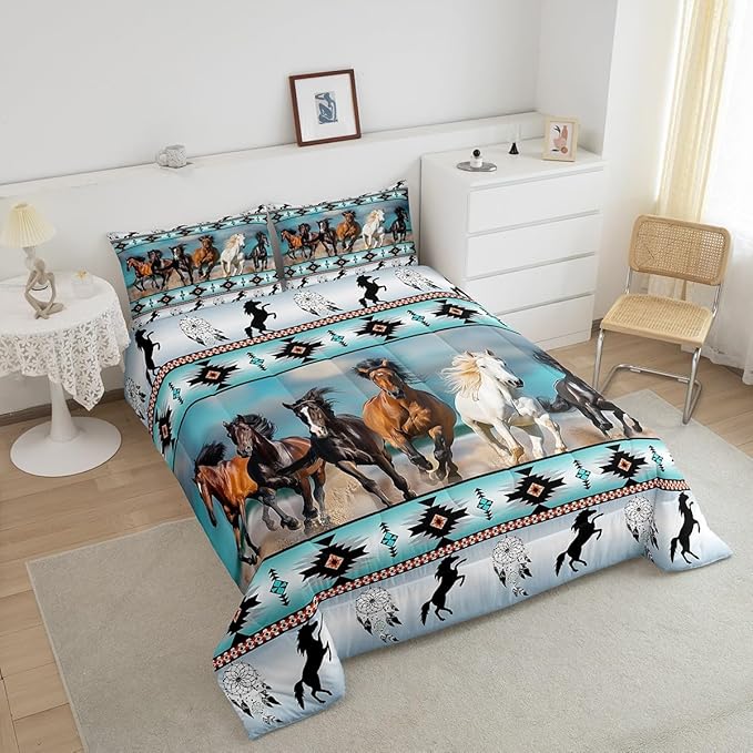 Aztec Comforter Set African Tribal Horse Printed Bedding Set,Farm Animals Duvet Insert Ethnic Tribe Arrow Dream Catcher Quilt Queen,Southwest Native Exotic Nordic Style Room Decor