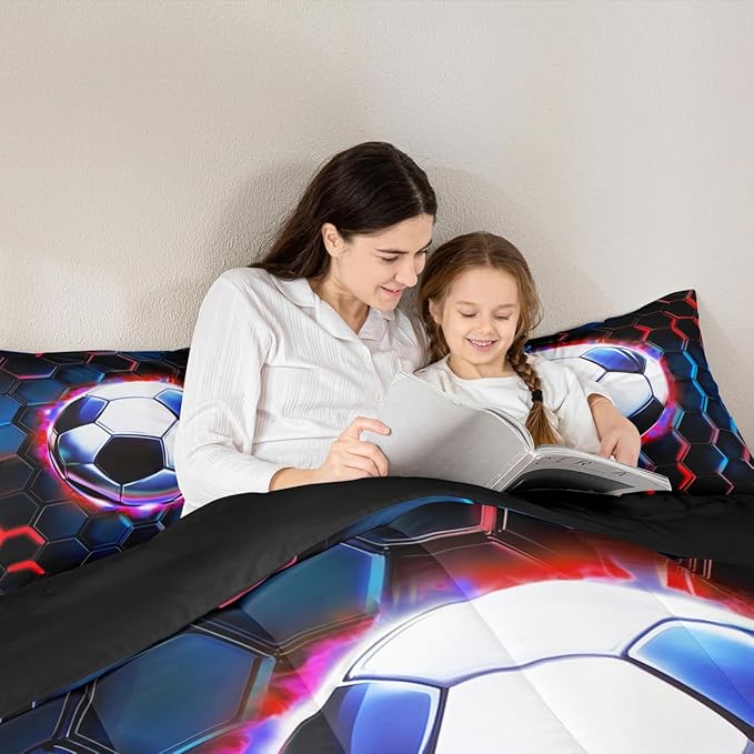 Football Kids Bedding Set Queen Size,Soccer Game Ball Sports Comforter Set，Geometric Honeycomb Hexagon Quilt Comforter,Black Red Bedroom Duvet Insert,2 Pillowcases