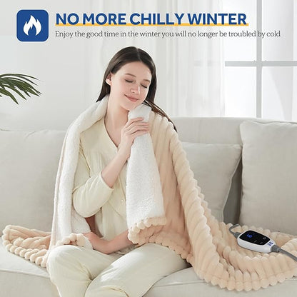 SEALY Electric Blanket Heated Throw, Soft Cozy Ribbed Flannel to Sherpa Reversible Safe Heating with 6 Heat Settings & 2-10 Hours Auto-Off Over-Heat Protection, Machine Washable, 50"x60" Beige