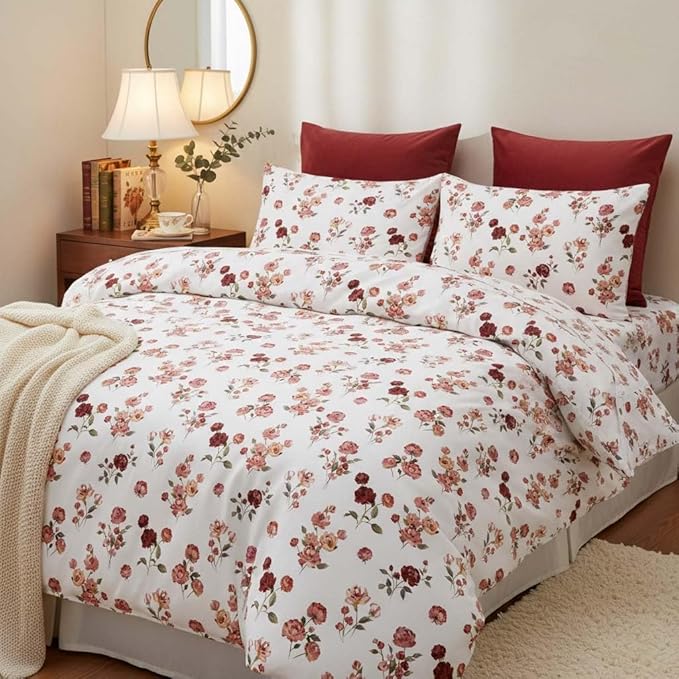 Nayoroom Vintage Floral Comforter Set Queen Size Red Pink Flower Botanical Leaf Pattern Spring Bedding Set 3 Pieces Soft Lightweight Aesthetic Garden Comforter for All Seasons