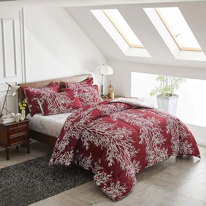 Christmas Bed in a Bag Burgundy Red Comforter Sheet Set 7 Pieces King Size Tree Branch Soft X-max Holiday Bedding Set (1 Comforter 2 Pillow Shams 1 Flat Sheet 1 Fitted Sheet 2 Pillowcases)