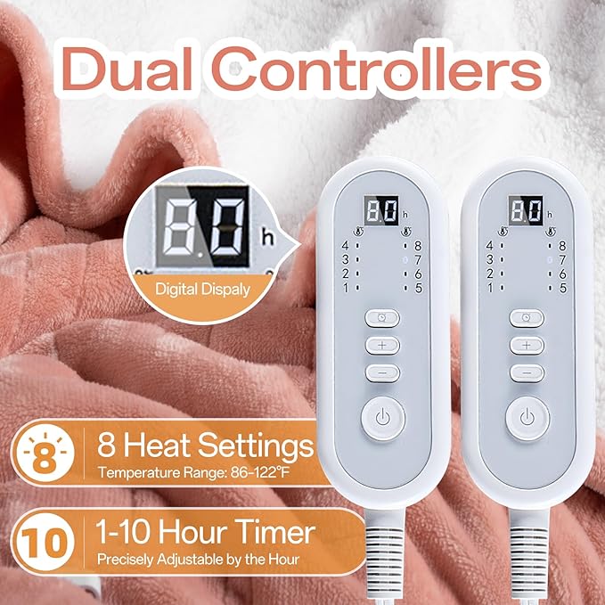Heated Electric Blanket King Size, Dual Control Fast Heating Sherpa Blanket, 8 Heating Levels & 10 Hours Auto Off, Machine Washable with ETL & FCC Certified, Pink