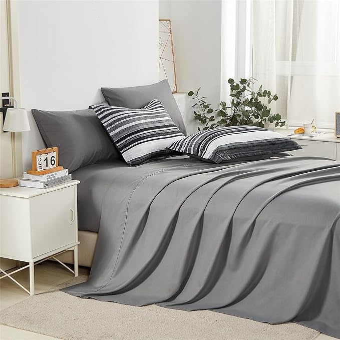 KAKIJUMN 5 Piece Bed in a Bag Stripe Comforter Set Twin Size, White Grey Black Patchwork Striped Comforter and Sheet Set, All Season Soft Microfiber Complete Bedding Sets(Grey,Twin)