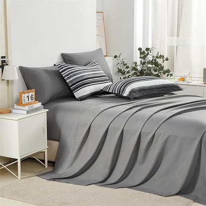 KAKIJUMN 5 Piece Bed in a Bag Stripe Comforter Set Twin Size, White Grey Black Patchwork Striped Comforter and Sheet Set, All Season Soft Microfiber Complete Bedding Sets(Grey,Twin)