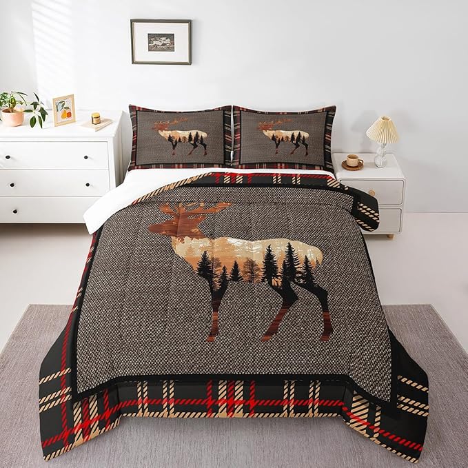 Erosebridal Elk Deer Comforter Set Queen,Hunting Deer Wild Animals Bedding Set for Teens,Western Farmhouse Orange Grey Down Comforter,Nature Antlers Moose Quilted Comforter Bedroom Decor Warm