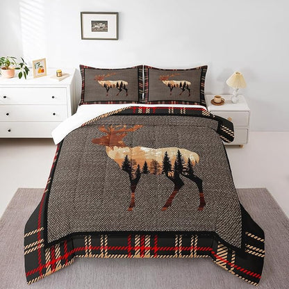 Erosebridal Elk Deer Comforter Set Queen,Hunting Deer Wild Animals Bedding Set for Teens,Western Farmhouse Orange Grey Down Comforter,Nature Antlers Moose Quilted Comforter Bedroom Decor Warm