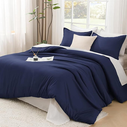 Litanika Navy Blue Comforter Set King Size, 3 Pieces Lightweight Solid Bedding Comforter Set, All Season Fluffy Bed Set (104x90In Comforter & 2 Pillowcases)