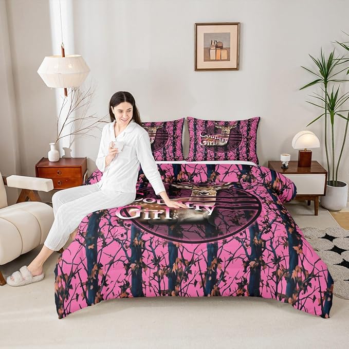 Erosebridal Deer Hunting Camo Queen Bedding Set,Pink Camouflage Comforter Set for Girls Boys Kids,Rustic Lodge Cabin Comforter,Country Hunter Bedroom Decor with 2 Pillowcases,Breathable