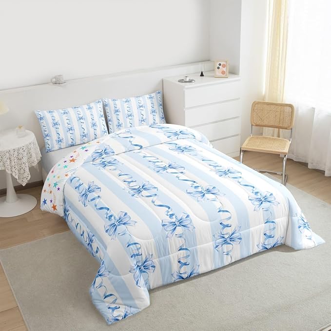Erosebridal Blue Bowknot Comforter Set King Cute Kawaii Bow Bedding Set for Girls Princess Room Decor,Blue Coquette Bowknot Comforter Geometric Spiral Striped Butterfly Knot Bed Set