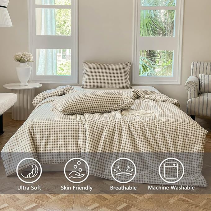 NSNLGSGC Tan Gingham Cotton Comforter Set King, 100% Washed Cotton Taupe Plaid Checked Comforter Bedding, 3 Pieces Vintage Farmhouse Grid Bedding Set(Tan Gingham, King)