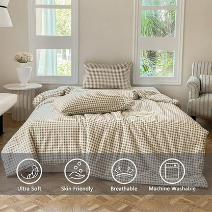 NSNLGSGC Tan Gingham Cotton Comforter Set Queen, 100% Washed Cotton Taupe Plaid Checked Comforter Bedding, 3 Pieces Vintage Farmhouse Grid Bedding Set(Tan Gingham, Queen)