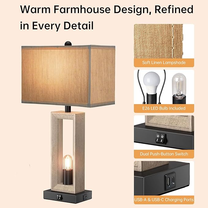 Farmhouse Wood Table Lamps for Living Room, 3 Color Temperature Adjustable & USB-A/C Charging Ports Nightstand Lamps, 4 LED Bulbs Included