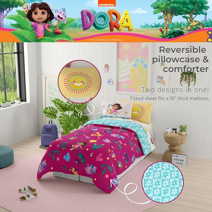 Dora The Explorer Kids Bedding Set Super Soft & Cozy Reversible Microfiber Comforter and Sheet Set with Sham, 5 Piece Twin Size, (Officially Licensed Product) by Franco
