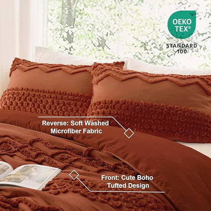 Luxudecor Terracotta Boho Tufted Comforter Set Full Size 3 Pieces Boho Shabby Chic Comforter Farmhouse Embroidery Bedding Set Soft Comforter for All Seasons (Terracotta, 80''x90'')