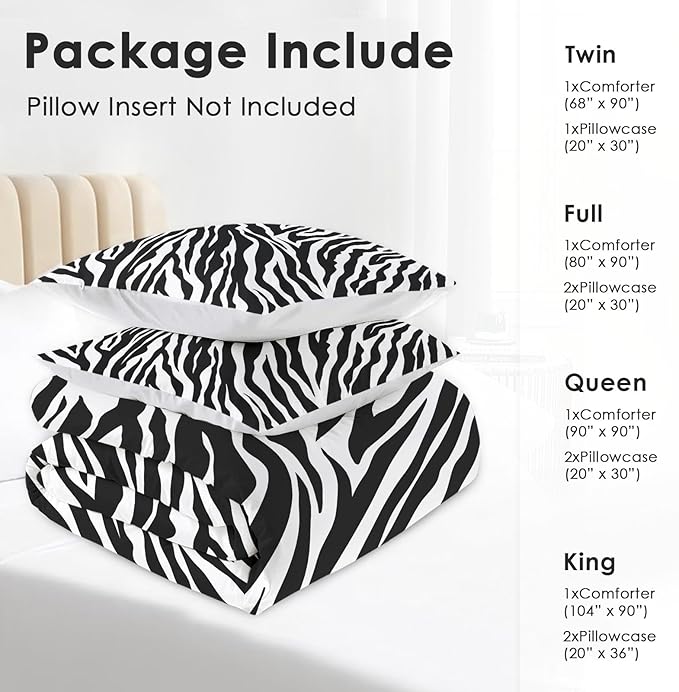 Comforter Set Full Size, Zebra Stripe Vintage Animal Soft Bedding Set for Kids and Adults, Black White Tiger Comforter Set with Pillowcase, for Bedroom Bed Decor