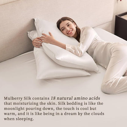 THXSILK 6A+ Top Grade 100% Pure Mulberry Silk Twin Fitted Sheet 3Pcs Set Bed Sheets Luxury Bedding for Hair and Skin Breathable Cooling Safe Material, 1 Fitted Sheet with 2 Pillowcases, Pearl White
