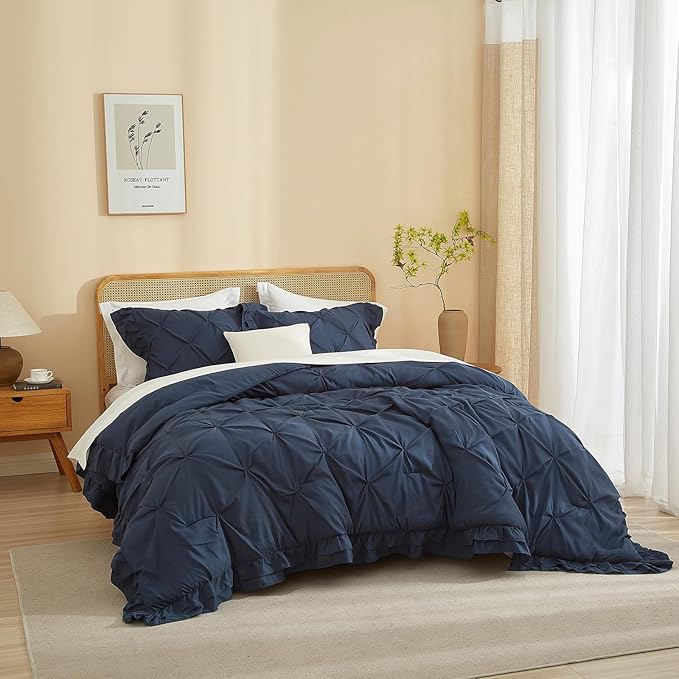 3 Pieces Comforter Set Queen Size for Adults Wear Resistant Navy Blue Bedding Comforter Set for Spring, Autumn, Winter Simple Ruffled Comforter Set, 90''x90''