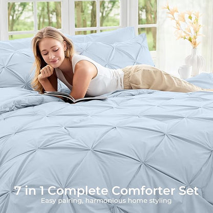Sasttie Twin XL Comforter Set, 5-Piece Bed in a Bag, Pintuck Bedding Sets for All Season, Includes Comforter, Flat Sheet, Fitted Sheet, Pillowcase and Pillowsham, Light Blue