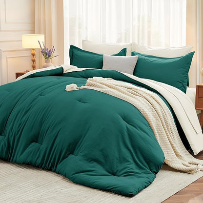 MUXHOMO 7 Pieces King Comforter Set, Soft Bed in a Bag King Size, All Season Bedding Set with Comforter, Flat Sheet, Fitted Sheet, Pillowcases & Shams, Peacock Blue & Ivory