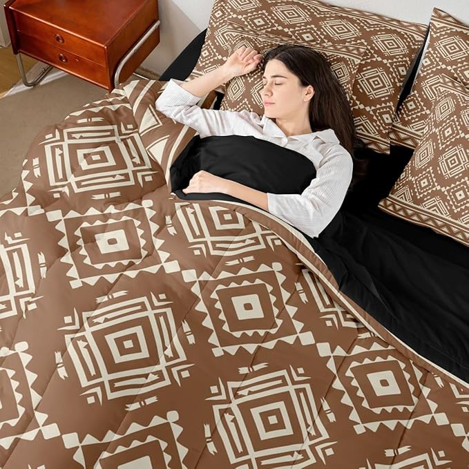 Erosebridal Western Aztec Bed in A Bag 7 Pcs Retro Native Southwestern Comforter Set for Women Men Rustic Ethnic Tribal Geometric Bedding Sets King Brown Exotic Bohemian Sheet Set with Comforter