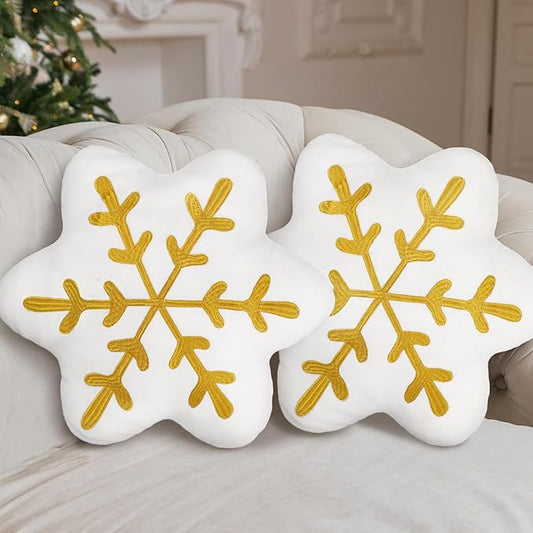 Soaoo 2 Pcs Snowflake Pillow Winter Throw Pillows Decorative Sherpa White Snowflake Shaped Cushion for Winter Home Decor Couch Sofa Bedroom Decoration(Gold)