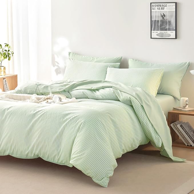 Wake In Cloud - Striped Comforter Set with Sheets, Ticking Stripe Vertical Pinstripe Neutral Farmhouse Pattern Printed, 5 Pieces Bed in a Bag, Sage Green White, Twin Size