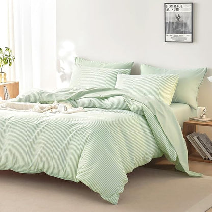 Wake In Cloud - Striped Comforter Set with Sheets, Ticking Stripe Vertical Pinstripe Neutral Farmhouse Pattern Printed, 5 Pieces Bed in a Bag, Sage Green White, Twin Size