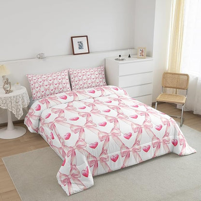 Erosebridal Bowknot Bedding Set King for Kids Girls Teen,Dreamy Princess Style Bedding Comforter Sets Pink Cute Bow Girly Geometric Comforter Set Kawaii Bow Tie Heart Duvet Insert 2 Pillow Cases