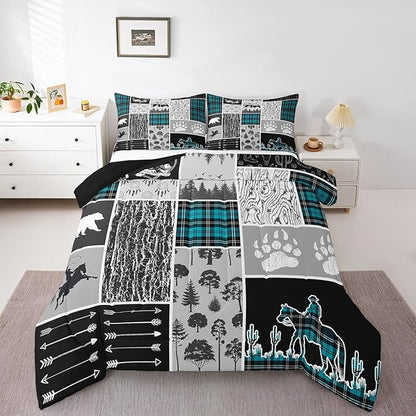 Erosebridal Western Bedding King Size,Farmhouse Horse Cowboy Comforter Set Cabin Decor,Retro Mint Green Plaid Grid Quilt Western Bed Set,Wild Animals Paw Arrow Hunting Theme Duvet Insert