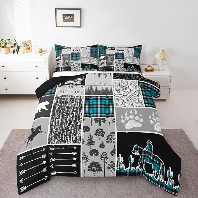 Erosebridal Western Bedding Toddler Size,Farmhouse Horse Cowboy Comforter Set Cabin Decor,Retro Mint Green Plaid Grid Quilt Western Bed Set,Wild Animals Paw Arrow Hunting Theme Duvet Insert