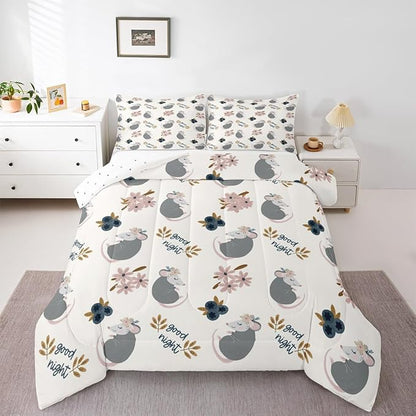 Castle Fairy Cute Opossum 3 Pcs King Size Comforter Set,Cartoon Animals Down Alternative Adults Bedroom Decor,Watercolor Flower Plant Ultra Soft Microfiber Inner Fill 3Pcs Bedding