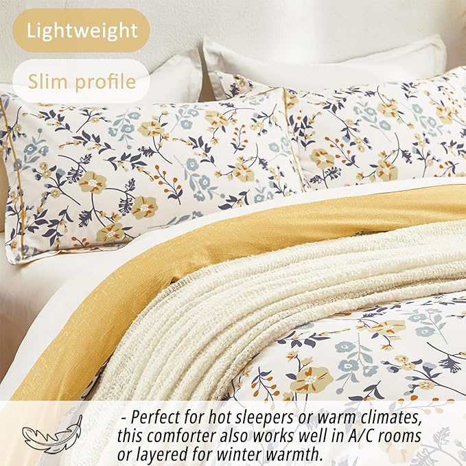 Yellow Floral Cotton Comforter Queen Size - Refreshing Design with Blue, Orange & Slate Gray Botanical Pattern on Off White,3PC Lightweight Bedding Set with Ultra-Soft Alternative Fill (Queen)