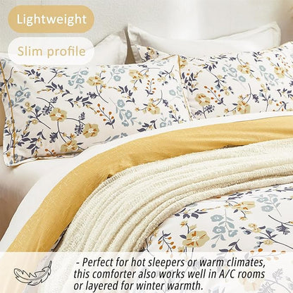 Yellow Floral Cotton Comforter Queen Size - Refreshing Design with Blue, Orange & Slate Gray Botanical Pattern on Off White,3PC Lightweight Bedding Set with Ultra-Soft Alternative Fill (Queen)