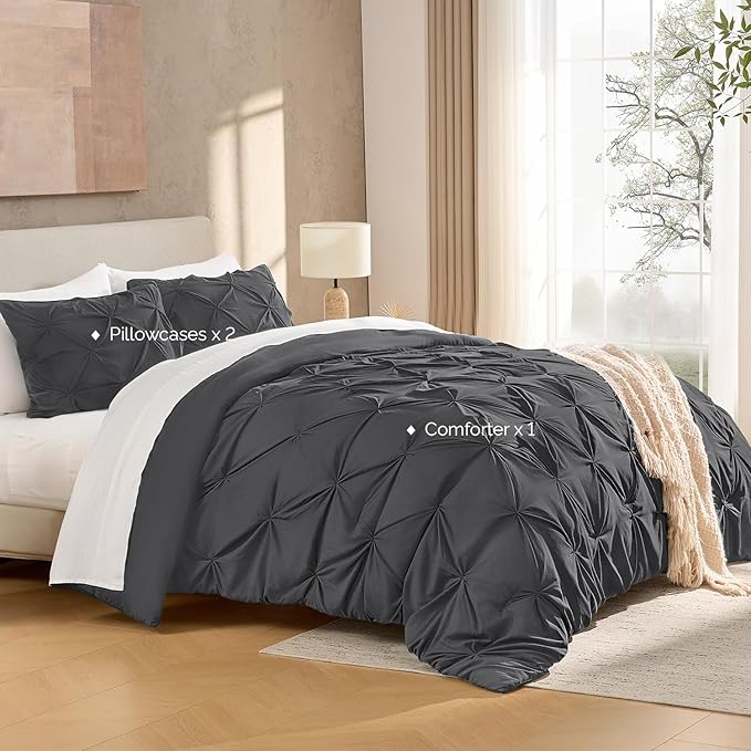 Andency California King Comforter Set Dark Gray (104x96Inch), Pinch Pleat Cal King Comforter Set 3 Pieces, Oversized King Pintuck Bed Comforter, Microfiber Down Alternative Comforter Bedding Set