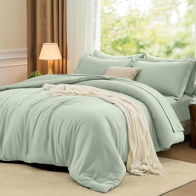 FUANNA Full Size Comforter Sets Sage Green, 7 Pieces Soft Bed in a Bag Full, All Season Lightweight Bed Sets with Comforter, Flat Sheet, Fitted Sheet, Pillowcases & Shams