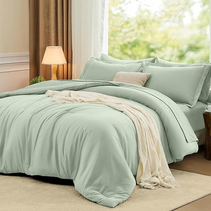FUANNA Full Size Comforter Sets Sage Green, 7 Pieces Soft Bed in a Bag Full, All Season Lightweight Bed Sets with Comforter, Flat Sheet, Fitted Sheet, Pillowcases & Shams