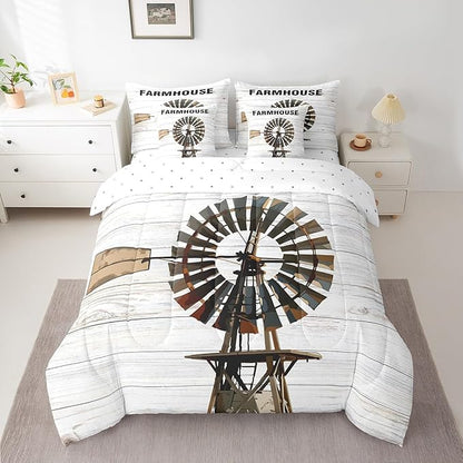 Erosebridal Farmhouse Decor Comforter Set Bed in a Bag King Size Rustic Windmill Comforter Set with Wooden Style Sheets (1 Comforter, 2 Pillowcases, 2 Throw Pillow Covers)