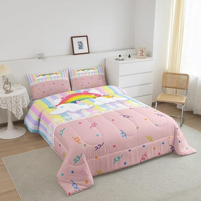 Cute Rainbow Kids Comforter Set Toddler Size,Colorful Dots Stripes Kawaii Sketch Reversible Quilt Set for Boys Girls Teens,Cartoon Style White Lace Print Duvet Insert with 1 Pillowcase
