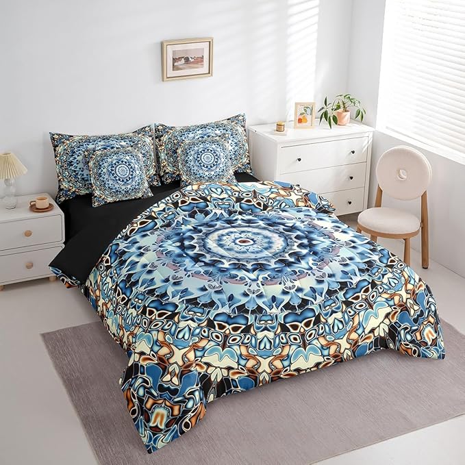 Erosebridal Oriental Medallion Bedding Twin Size 7pcs Art Deco Flower Comforter Set, Retro Mandala Bedding Comforter Sets Vintage Rustic Farmhouse Bed in a Bag, Hippie Floral Bedding Accessories