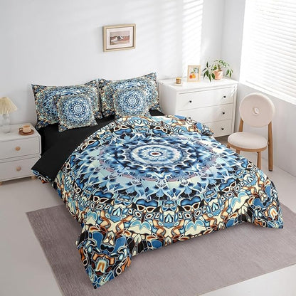 Erosebridal Oriental Medallion Bedding Set Art Deco Flower King Size Comforter Set, Retro Mandala Bedding Comforter Sets Vintage Rustic Farmhouse Bed in a Bag 7pcs, Hippie Floral Bed Set