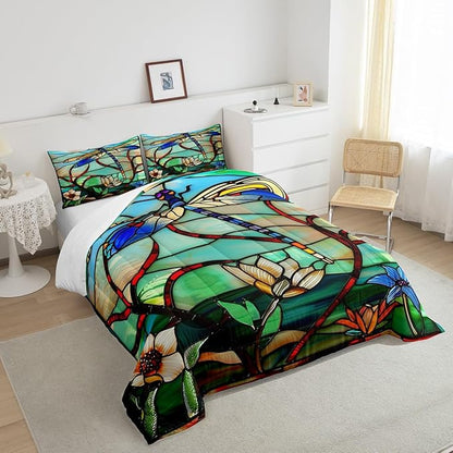 Erosebridal Boho Dragonfly King Comforter Set Exotic Dragonfly Flowers Bedding Set for Kids Adults Women,Rustic Lotus Floral Down Comforter Glass Style Art Animal Quilt Duvet Green Teal Blue