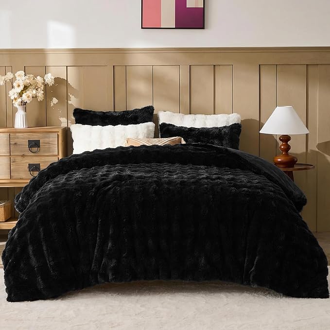 Lotus Karen Faux Fur Full Comforter Set, Black Fluffy Big Bubble Faux Rabbit Fur Winter Comforter Sets, Warm Cozy Fuzzy Bed Set 3 Pieces, 1 Comforter and 2 Pillowcases