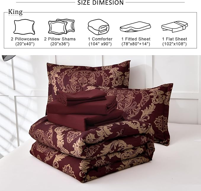 WONGS BEDDING Burgundy Comforter Set King Size, Maroon Damask Texture 7 Pieces Bed in a Bag Polyester Comforter Bedding Sets -1 Comforter, 1 Flat Sheet, 1 Fitted Sheet, 2 Pillow Shams,2 Pillowcases