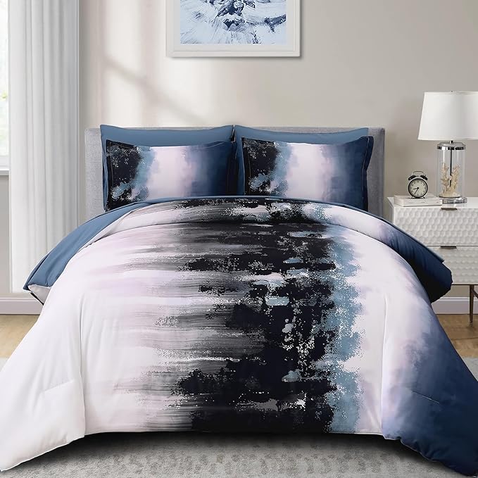 Dinjoy Ombre Blue Comforter Set Queen Size Gradient Navy Blue Black Boho Bedding Set for Teen Men Women 7 Pieces Bed in A Bag Bohemian Bed Set with Comforter, Sheets, Pillowcases & Shams