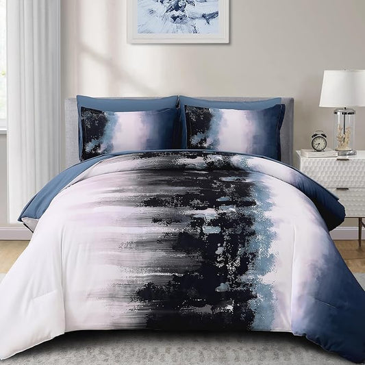 Dinjoy Ombre Blue Comforter Set Queen Size Gradient Navy Blue Black Boho Bedding Set for Teen Men Women 7 Pieces Bed in A Bag Bohemian Bed Set with Comforter, Sheets, Pillowcases & Shams