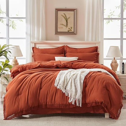 Andency Oversized King Comforter Set Terracotta 120x98-7 Pieces Boho Tassel Bed in a Bag Soft Lightweight Bedding Sets, Fringe All Season Bed Set with Comforter, Sheets, Pillowcases & Shams