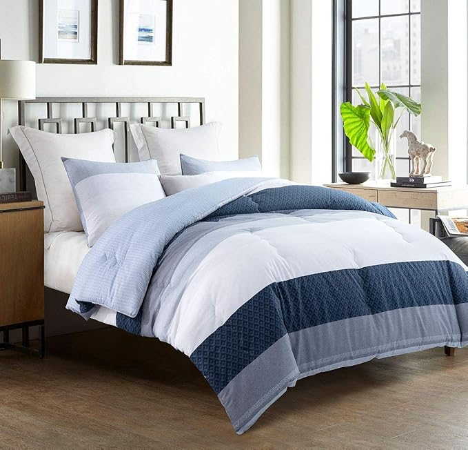 SLEEPBELLA Comforter King Size, 600 Thread Count Cotton White and Navy Striped Patchwork Reversible Pattern Reversible Blue Comforter Set,Down Alternative Bedding Set 3Pcs (King, Blue Patchwork)