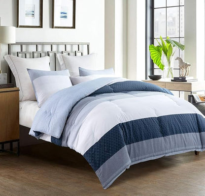 SLEEPBELLA Comforter King Size, 600 Thread Count Cotton White and Navy Striped Patchwork Reversible Pattern Reversible Blue Comforter Set,Down Alternative Bedding Set 3Pcs (King, Blue Patchwork)