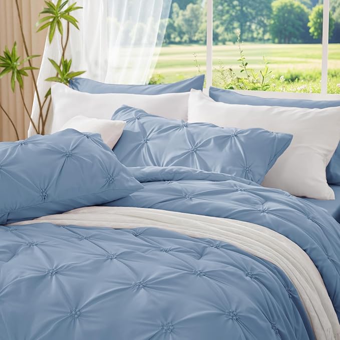 BEDELITE Cornflower Blue Twin Comforter Set - 2 Peices Boho Pintuck Bedding Comforter Sets, Lightweight Soft & Warm Twin Bedding Sets with 1 Pillowcase for All Season